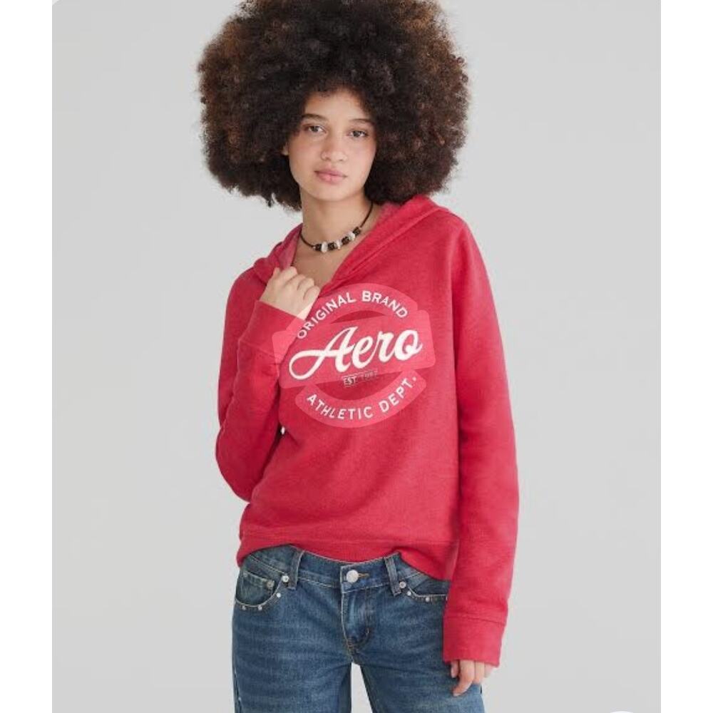 Aeropostale Aero Graphic Hoodie Pullover Sweatshirt Womens XL Red Fleece Casual
